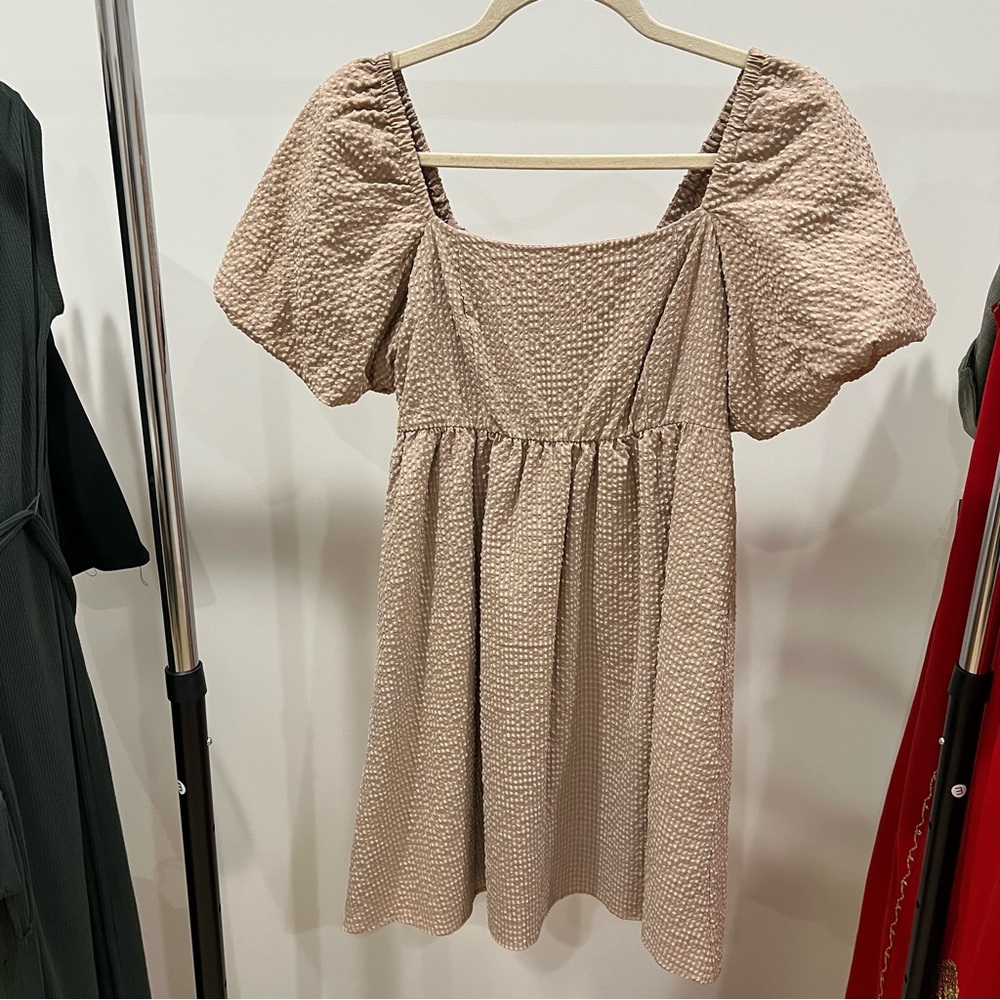 Textured Square Neck Puff Sleeve Mini Dress in Beige